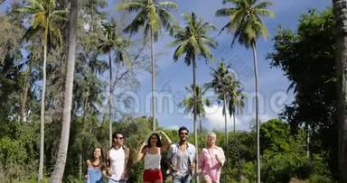 人们通过棕榈树聚集欢乐的户外活动，快乐的微笑混合了种族男女朋友